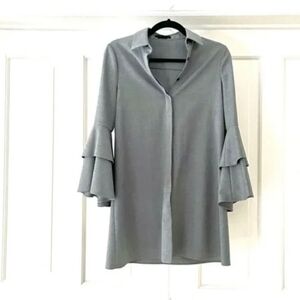 Alice+Olivia Shirt Dress Ruffle Sleeve Button Down Pointed Collar Classic Gray